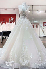 Wedding Dresses Princesses, Long Ball Gown V-neck Spaghetti Straps Tulle Lace Wedding Dress