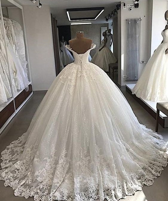 Wedding Dress A Line Sleeves, Long Ball Gowns Off-the-shoulder Lace Tulle Wedding Dresses