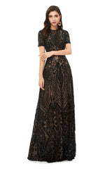 Prom Dress Gold, Long Black Sparkly Sequins Prom Dresses With Short Sleeves