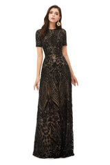 Prom Dresses Two Piece, Long Black Sparkly Sequins Prom Dresses With Short Sleeves