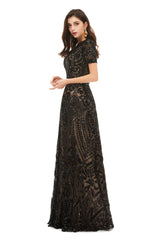 Prom Dresses Long Navy, Long Black Sparkly Sequins Prom Dresses With Short Sleeves