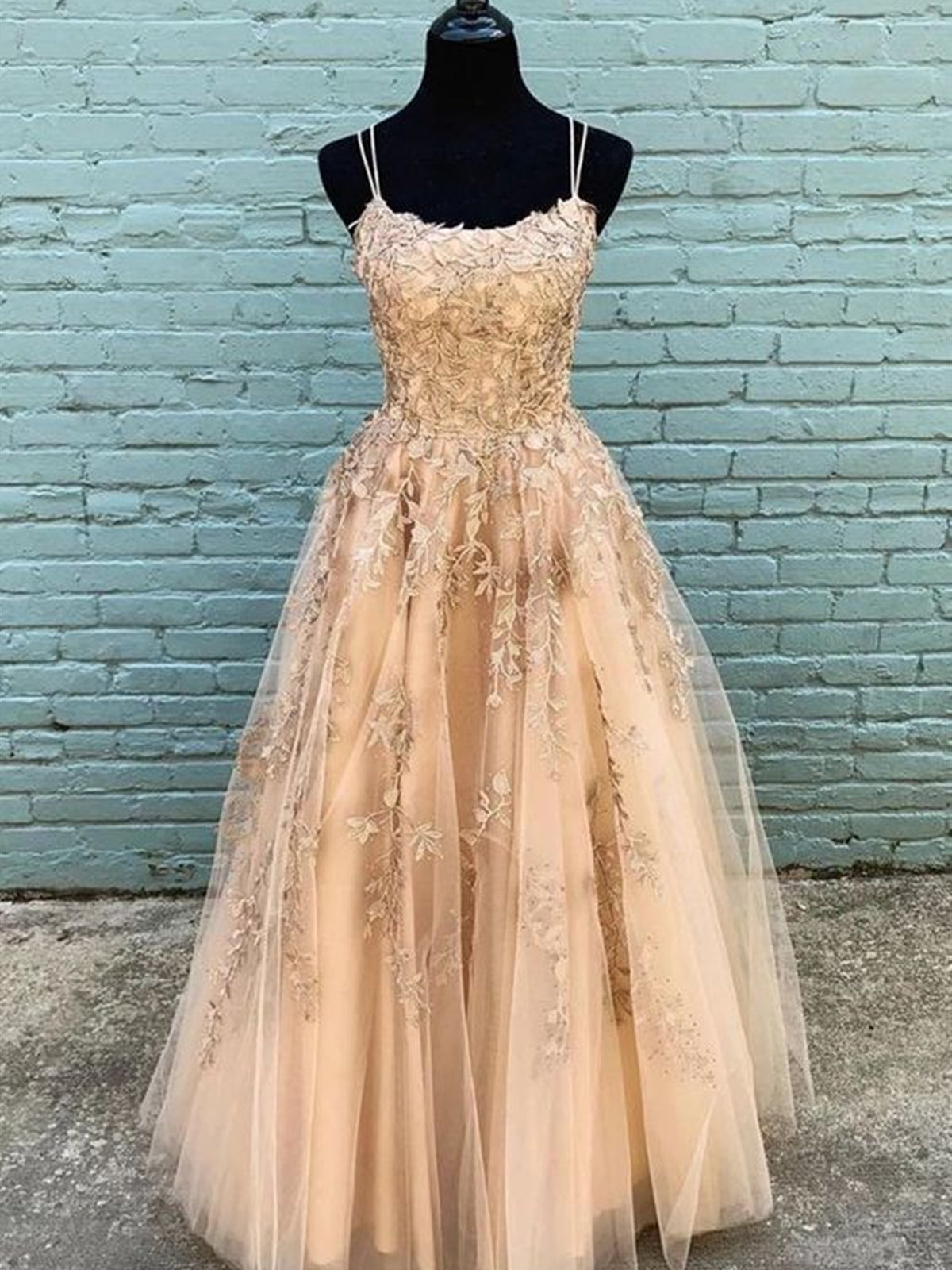 Party Dresses For Wedding, Long Champagne Lace Prom Dresses, Champagne Lace Formal Graduation Dresses
