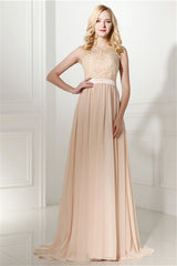 Formal Dresses Long Sleeved, Long Chiffon Champagne Prom Dresses With Lace Bodice