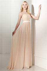 Formal Dresses Long Sleeves, Long Chiffon Champagne Prom Dresses With Lace Bodice