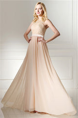 Formal Dresses For Middle School, Long Chiffon Champagne Prom Dresses With Lace Bodice