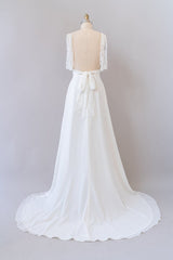 Wedding Dresses Country, Long Empire A-line V-neck Lace Chiffon Open Back Wedding Dress