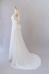 Wedding Dress Couture, Long Empire A-line V-neck Lace Chiffon Open Back Wedding Dress