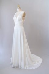 Wedding Dresses Couture, Long Empire A-line V-neck Lace Chiffon Open Back Wedding Dress
