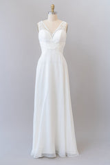 Wedding Dress Country, Long Empire A-line V-neck Lace Chiffon Open Back Wedding Dress