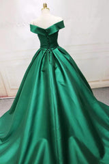 Prom Dresses 2028, Long Green Satin V-neck Ball Gowns Prom Dresses Off The Shoulder