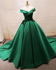 Prom Dress Sale, Long Green Satin V-neck Ball Gowns Prom Dresses Off The Shoulder