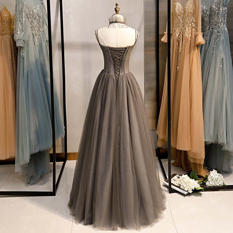 Prom Dress Sleeves, Long Grey Tulle Prom Dress Corset With Beaded Neck A Line