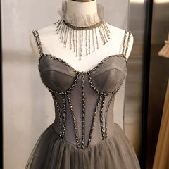 Prom Dresses 06, Long Grey Tulle Prom Dress Corset With Beaded Neck A Line