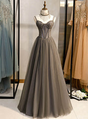 Prom Dresses Sleeves, Long Grey Tulle Prom Dress Corset With Beaded Neck A Line