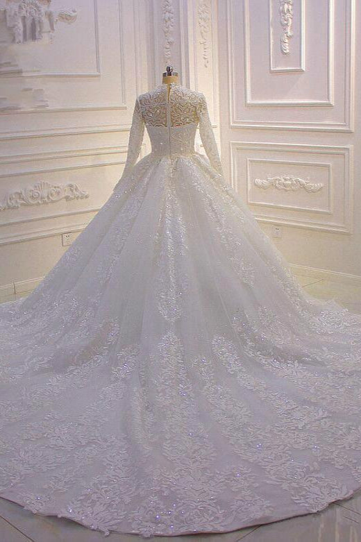 Wedding Dress Flower, Long High neck Appliques Lace Ball Gown Wedding Dress with Sleeves