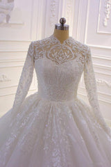 Wedding Dress Flowers, Long High neck Appliques Lace Ball Gown Wedding Dress with Sleeves