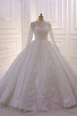 Wedding Dresses And Veils, Long High neck Appliques Lace Ball Gown Wedding Dress with Sleeves