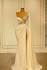 Evening Dresses Online Shopping, Long Mermaid Asymmetrical Ruffles Beading Satin Prom Dress With High Slit