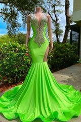 Wedding Party Dress, Long Mermaid Deep Sequined V-neck Stretch Satin Backless Prom Dress with Appliques