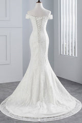 Wedding Dress With Pocket, Long Mermaid Lace Off Shoulder Lace-up Wedding Dress