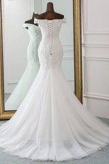 Wedding Dress Girl, Long Mermaid Off Shoulder Lace-up Applique Lace Wedding Dress