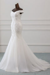 Wedding Dresses Girl, Long Mermaid Off Shoulder Lace-up Applique Lace Wedding Dress