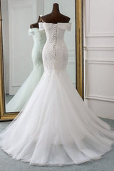 Wedding Dress 2025, Long Mermaid Off the Shoulder Appliques Lace Tulle Wedding Dress