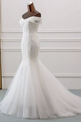 Wedding Dresses For Shorter Brides, Long Mermaid Off the Shoulder Appliques Lace Tulle Wedding Dress