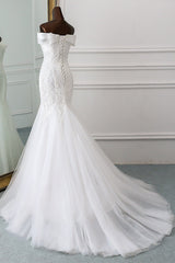 Wedding Dress For Short Brides, Long Mermaid Off the Shoulder Appliques Lace Tulle Wedding Dress