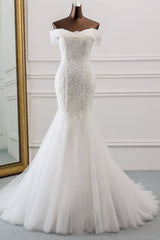Wedding Dress Style 2025, Long Mermaid Off the Shoulder Appliques Lace Tulle Wedding Dress