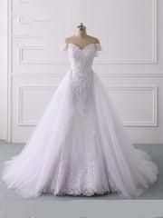 Wedding Dresses Girls, Long Mermaid Off-the-Shoulder Lace Tulle White Wedding Dresses