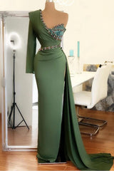 Dress Formal, Long Mermaid One Shoulder Front Slit Prom Dress With Sleeves