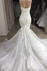Wedding Dress Online Shopping, Long Mermaid Spaghetti Strap Appliques Lace Wedding Dress