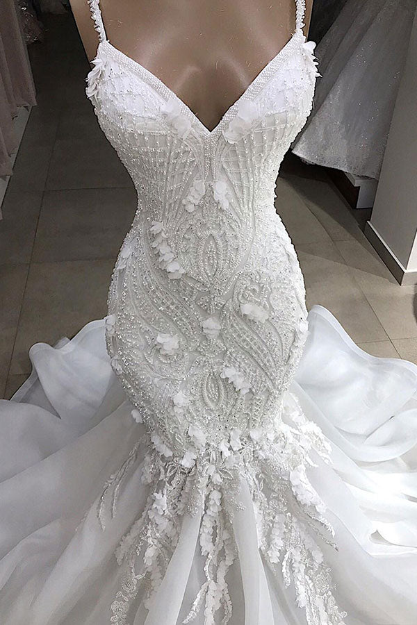 Wedding Dresses Online Shop, Long Mermaid Spaghetti Strap Appliques Lace Wedding Dress