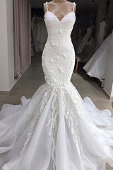 Wedding Dresses Online Shopping, Long Mermaid Spaghetti Strap Appliques Lace Wedding Dress