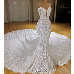 Wedding Dress Diet, Long Mermaid Spaghetti Straps Appliques Lace Wedding Dress With Cathedral Train
