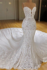 Wedding Dress Shoulder, Long Mermaid Spaghetti Straps Appliques Lace Wedding Dress With Cathedral Train