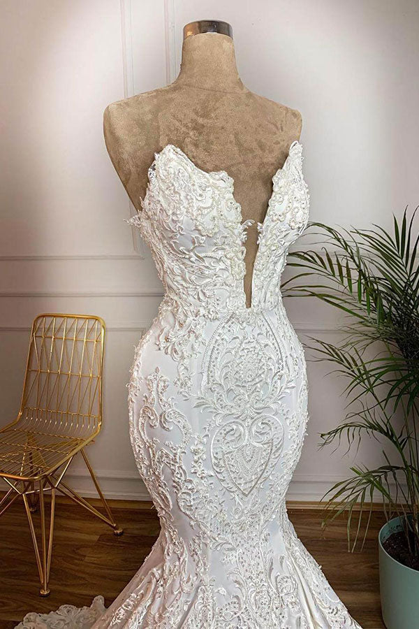 Wedding Dress Styles 2025, Long Mermaid Strapless Appliques Lace Satin Wedding Dress