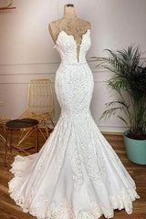 Wedding Dress Silhouettes Guide, Long Mermaid Strapless Appliques Lace Satin Wedding Dress
