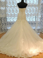 Wedding Dress Styles 2026, Long Mermaid Strapless Court Train Lace Organza Wedding Dresses