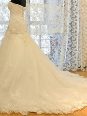 Wedding Dress Modern, Long Mermaid Strapless Court Train Lace Organza Wedding Dresses