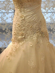 Wedding Dress For Outside Wedding, Long Mermaid Strapless Court Train Lace Organza Wedding Dresses