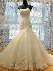 Wedding Dress Custom, Long Mermaid Strapless Court Train Lace Organza Wedding Dresses