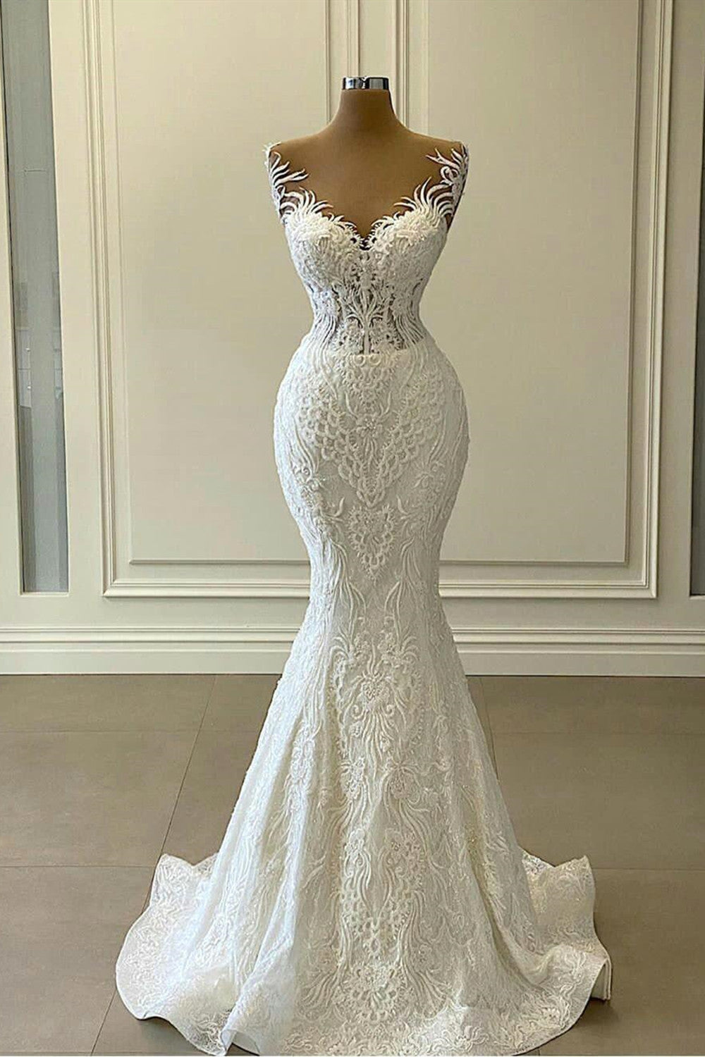 Wedding Dress Accessories, Long Mermaid Sweetheart Appliques Lace Wedding Dress With Detachable Train