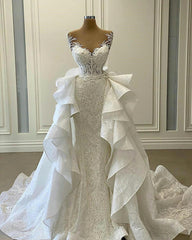 Wedding Dress A Line, Long Mermaid Sweetheart Appliques Lace Wedding Dress With Detachable Train