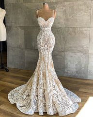 Wedding Dress Simple Elegant, Long Mermaid Sweetheart Spaghetti Straps Appliques Lace Wedding Dress