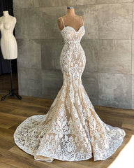 Wedding Dresses Lace Romantic, Long Mermaid Sweetheart Spaghetti Straps Appliques Lace Wedding Dress