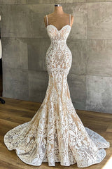 Wedding Dress Long Sleeved, Long Mermaid Sweetheart Spaghetti Straps Appliques Lace Wedding Dress