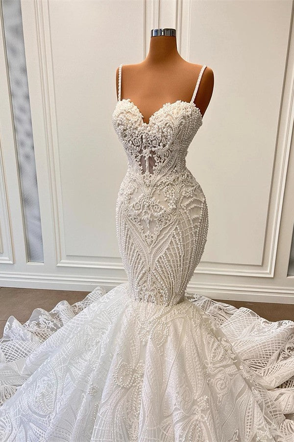 Wedding Dress Fabrics, Long Mermaid Sweetheart Spaghetti Straps Tulle Beading Wedding Dress with Ruffles