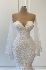 Wedding Dresses Online Shopping, Long Mermaid Sweetheart Strapless Pearls Beadings Lace Wedding Dress with Sleeves